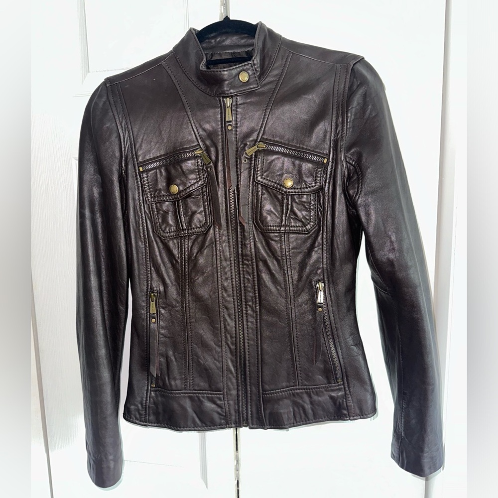 Michael Kors Genuine Leather Dark Brown Jacket Size Small- GENTLY WORN